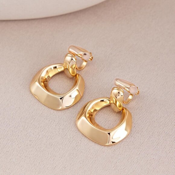 Clip On Earrings Gold-Plated Brass Hoop Hypoallergenic Statement Jewelry - Picture 3 of 6